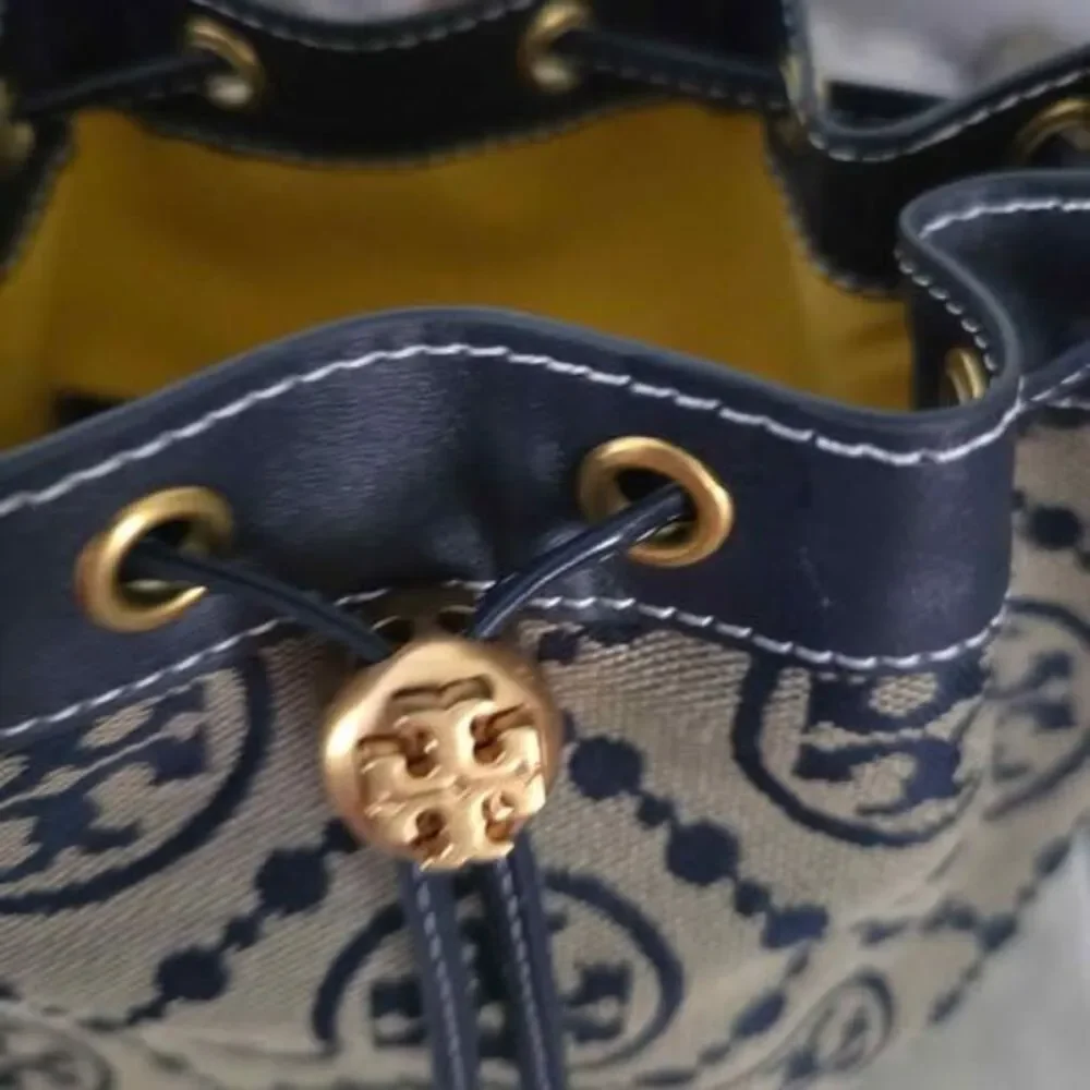 Tory Burch T Monogram Jacquard Navy Bucket Bag New
